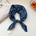 Blue wool scarf with vintage rose patterns and fringed edges displayed on table - 68*68cm / 13 Double Sided - Rose Mark Navy