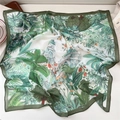 Square green tropical palm leaf silk scarf with classic architecture print and dark green border - 02Z Tropical Forest Building