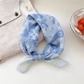 French style blue floral cotton linen square scarf with paisley rose pattern and yellow trim - Waterdrop Rose Yellow Trim