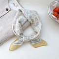 Beige cotton linen floral neck scarf with yellow border and blue flower patterns - Mirror Flower Yellow