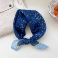 Navy blue floral cotton linen scarf with white flower patterns and light blue ends - Two-tone Berry Leaf Navy Blue