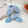 Sky blue cotton linen neck scarf with floral prints and geometric patterns for women - Mirror Flower Blue