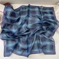 Navy blue plaid silk scarf with checkered pattern used as a neckerchief or hair tie - 09Z Ray Plaid Blue