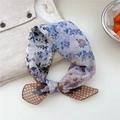 Floral cotton linen scarf with purple flowers and brown polka dots tied as a bow - Floral Polka Dot Brown