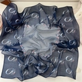 Elegant navy blue silk-cotton square scarf with floral patterns and striped center - 13Z Stripe Floral Blue
