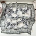 Elegant retro grey-green square silk scarf with floral and geometric chain pattern - 15Z Lotus Floral Green