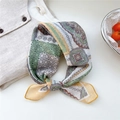 Retro paisley cotton linen scarf with floral pattern tied over a beige linen shirt - Diagonal Stripe Floral Yellow