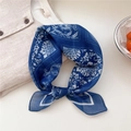 Navy blue paisley cotton linen floral neck scarf tied in a vintage bohemian style - Peacock Floral Grid Navy