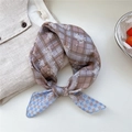 Floral and plaid square neck scarf in pink, purple and sky blue cotton linen fabric - Floral Print Stripe Blue
