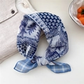 Blue and white paisley palm print cotton-linen small square scarf with elegant border - 01 Woven Frame Forest Blue