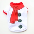 Detailed view of white snowman-themed Christmas dog T-shirt with red trim and scarf print - White Scarf Snowman