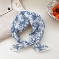 Vintage blue floral cotton linen square scarf tied as a hair accessory or neck wrap - Eternal Leaf White