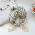 Floral cotton linen square scarf with green gingham and pink flower print details - Floral Print Stripe Yellow