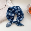 Floral cotton linen square scarf in dark blue with delicate white flower patterns - Tulip Blue Floral