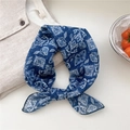 Navy blue cotton linen scarf with white floral patterns tied in a stylish ring shape - Geometric Print