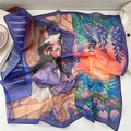 Artistic square silk scarf with purple sunset girl illustration and deep blue border - 22Z Lavender Girl Illustration