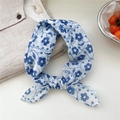 Blue floral cotton linen headscarf tied in a bow with breathable vintage texture - Connected Petals White