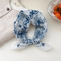 Blue and white paisley cotton linen scarf tied in a stylish decorative loop knot - 09 Heart Star Leaf White Blue