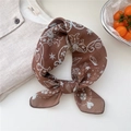 Brown floral linen cotton square scarf with light blue abstract patterns and vintage style - 12 Heart Star Leaf Brown