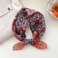 Floral cotton linen square scarf with vintage red and blue print for neck or hair - 16 Four Leaf Seven Heart Flower Orange Red