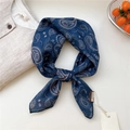 Retro dark blue paisley square scarf in cotton-linen fabric with elegant French pattern - Heart Paisley Navy Blue