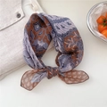 Vintage paisley square scarf in caramel and grey-purple faux silk on a white desk - 18 Four Leaf Seven Heart Flower Brown