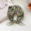 Green cotton linen square scarf with delicate white rose and purple floral pattern - 19 Grid Crayon Flower Purple Green