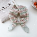 Vintage floral square silk scarf with red geometric waves and green daisies in bow style - 08 Green Daisy Wave