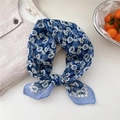 Floral print cotton linen small square scarf in navy blue with soft breathable texture - 20 Grid Crayon Flower Navy