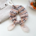 Retro floral pattern silky neck scarf in beige with vintage ethnic print and rolled edges - 09 Brown Daisy Wave