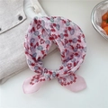 Pink floral cotton linen square scarf with red pattern tied in a soft decorative knot - 21 Grid Crayon Flower Pink