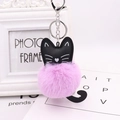 Close-up of pink faux rabbit fur pom pom keychain with black PU leather cat face charm - Light Purple
