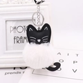 Close-up of a cute black cat keychain with a white faux fur pom-pom on a bright background - White