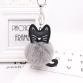 Detail of cute black cat plush keychain with faux fur ball and silver metal hardware - Light Gray