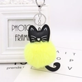 Détail d'un porte-clés chat noir mignon avec pompon en fausse fourrure jaune vif et métal - Jaune