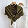 Detailed knit texture of an olive green striped shawl with floral hollow pattern - Hollow Four-leaf Green
