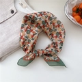 Floral cotton linen square scarf with green hem tied as elegant necktie for women - 22 Grid Crayon Flower Orange Green