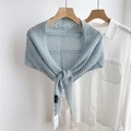 Detail of light blue hollow knit shawl featuring diamond texture and designer brand tag - 82x82x142cm / Light Blue