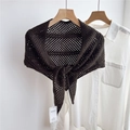 Detail of dark brown crochet knit hollow shawl showing intricate mesh pattern on white shirt - 82x82x142cm / Dark Brown