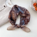 Bohemian floral silk scarf with paisley pattern in brown and blue, tied in a loop - 13 Brown Camel Four Leaf Clover Grid