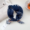 Square navy blue cotton scarf with white checks and orange floral pattern on a shirt - Navy Woven Grid Border