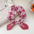 Elegant red floral cotton linen small square scarf tied on a light linen shirt - 26 Small Grid Wind Flower Beige Red