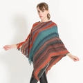 Poncho en tricot pour femme avec motif zigzag multicolore et ourlet à franges élégant - 85x80cm / Rouge
