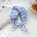 Sky blue and white striped cotton-linen small square neck scarf with brown trim edges - Blue Wave Stripes