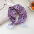 Purple floral cotton linen scarf with soft white flower patterns and geometric border - 27 Small Grid Wind Flower Purple Blue