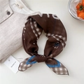 Brown cashew flower cotton linen scarf with plaid border and star prints - Brown Woven Grid Border