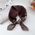 Dark brown floral silk scarf with white hand-drawn patterns tied in a delicate bow knot - 16 Brown Double Leaf Strawberry