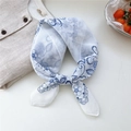 White translucent silk scarf with blue floral pattern styled with grey linen clothes - 17 White Double Leaf Strawberry