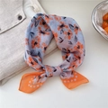Light blue cotton linen scarf with orange floral print and diamond pattern border - 29 Small Grid Wind Flower Blue Orange