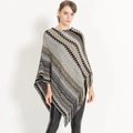 Poncho en maille pour femme avec rayures ondulées grises et kaki et ourlet à franges - 85x80cm / Gris